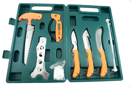 AccuSharp 728C Game Processing Kit Butcher/Caper/Gut-Hook/Bone Saw/Ribcage Spreader Gut Hook/Saw/Plain Stainless Steel Blade Orange FRN Handle | Elite Firearms