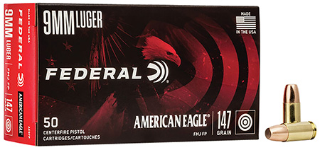 Federal AE9FP American Eagle Handgun 9mm Luger 147 gr Full Metal Jacket Flat Point 50 Per Box/ 20 Cs