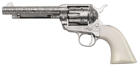 Taylors & Company 200061 1873 Cattle Brand 45 Colt (LC) Caliber with 5.50" Barrel, 6rd Capacity Cylinder, Overall Nickel-Plated Engraved Finish Steel & Ivory Synthetic Grip | Elite Firearms