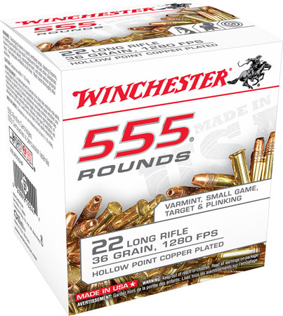 Winchester Ammo 22LR555HP USA  22 LR 36 gr Copper Plated Hollow Point 555 Per Box/ 10 Case *Bulk