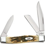 Case 00079 Stockman Medium 2.57"/1.88"/1.76" Folding Clip/Sheepsfoot/Pen Plain Mirror Polished Chrome Vanadium Steel Blade/Peach Seed Jigged Amber Bone Handle | Elite Firearms