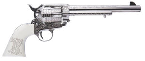 Cimarron PP415LNTRII Teddy Roosevelt Frontier 45 Colt (LC) 6 Shot 7.50" Nickel-Plated Engraved Barrel, Cylinder & Frame, White w/Laser Engraved "T.R." Grip | Elite Firearms