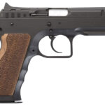 Tanfoglio IFG TFSTOCKI9 Defiant Stock I 9mm Luger Caliber with 4.50" Barrel, 16+1 Capacity, Overall Black Finish Steel, Picatinny Rail/Beavertail Frame, Serrated Slide & Wood Grip | Elite Firearms