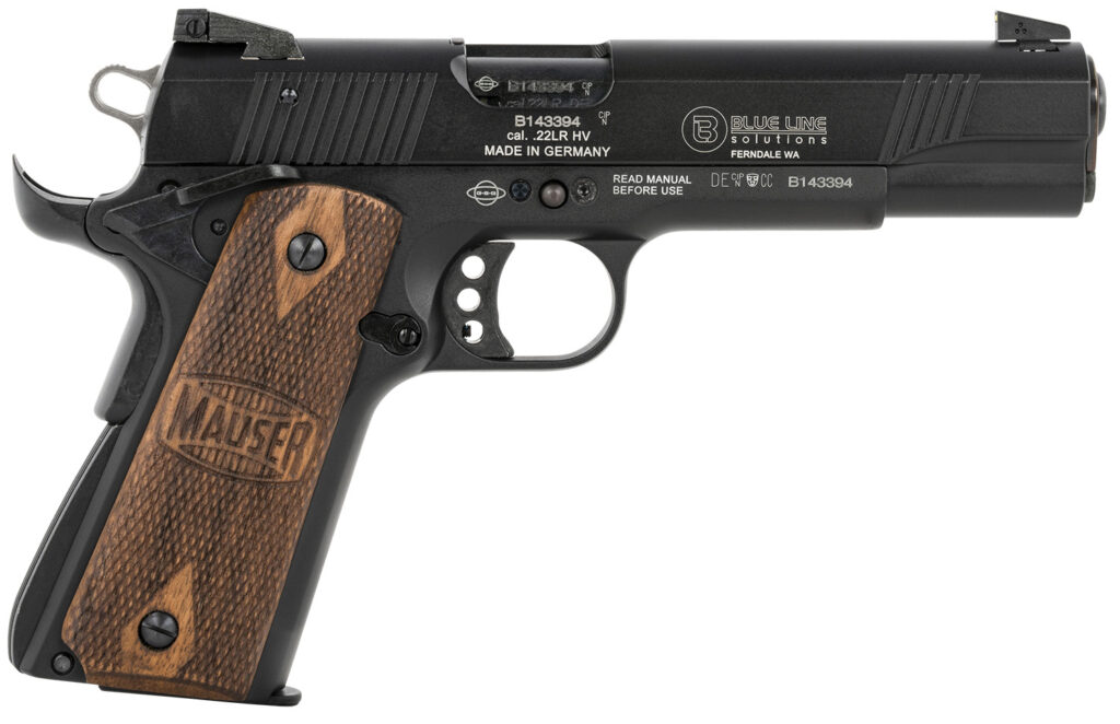Mauser Rimfire 4110605 1911  22 LR 10+1 5" Black Steel Barrel, Black Aluminum Slide, Black Aluminum Frame w/Beavertail, Walnut Grip, Ambidextrous | Elite Firearms
