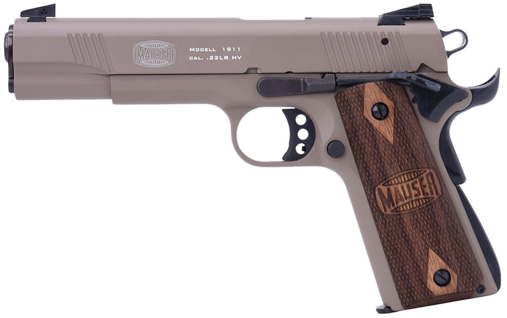 Mauser Rimfire 4110604 1911 22 LR 10+1 5" Black Steel Barrel, Tan Serrated Aluminum Slide, Tan Aluminum Frame w/Beavertail, Walnut Grip, Ambidextrous | Elite Firearms