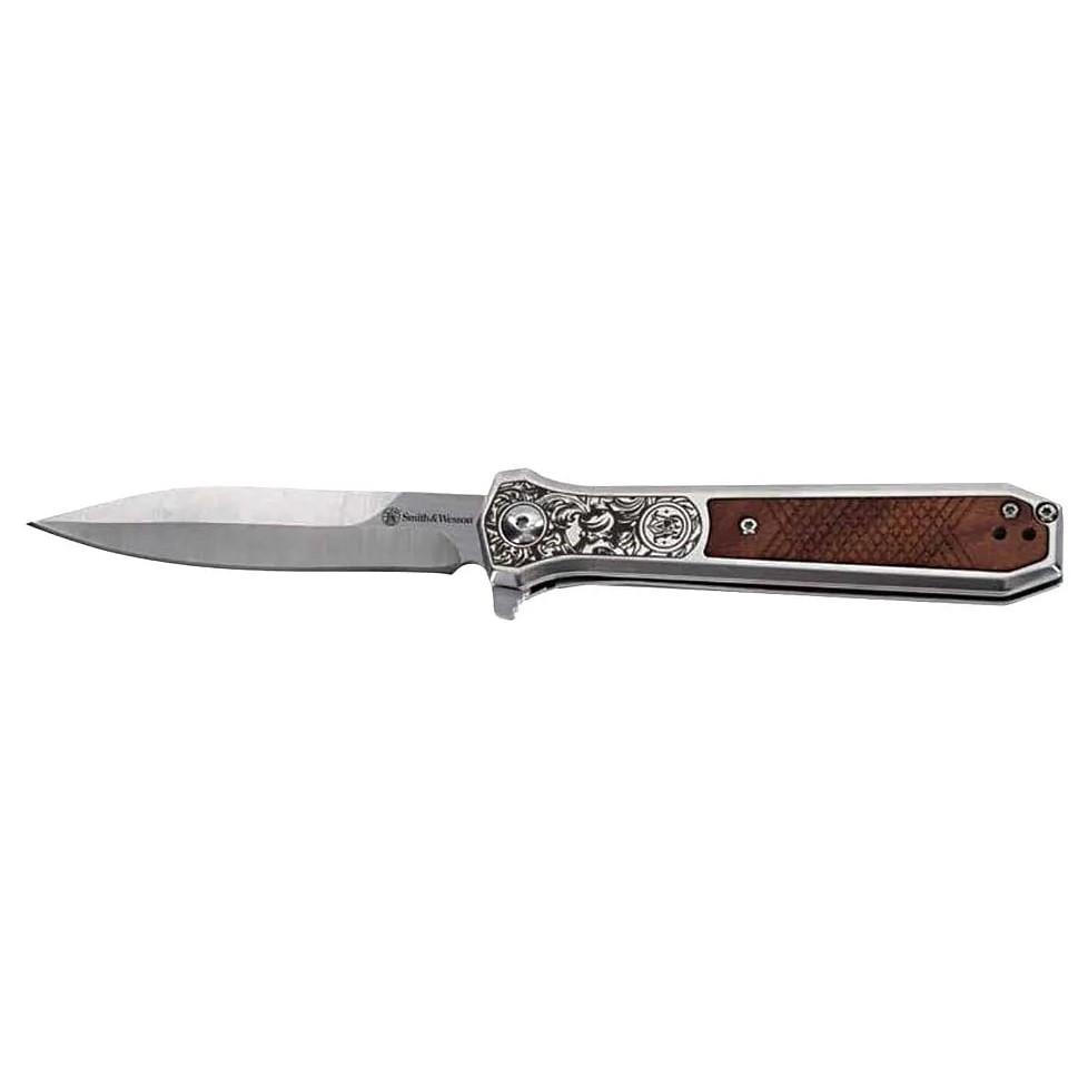 Smith & Wesson KT Unwavered Spring Assist Folding Knife 3-1/5" Dagger Blade Silver with Brown | Elite Firearms