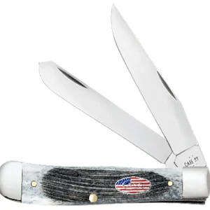 Case 53065 Canoe Stars & Stripes Folding Plain Edge 1.97 Pen/2.60" Spear Point, Mirror Polished Stainless Steel Blade, Jigged Gray Bone Handle, American Flag Shield