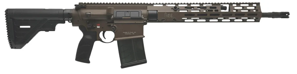 HK 81001206 MR762 A4 7.62x51mm 10+1 16.50" Black Threaded Barrel, Patriot Brown Picatinny Rail Receiver, M-LOK Handguard, 6 Position Black Synthetic Stock, Black Finger Grooved Grip, Ambidextrous | Elite Firearms