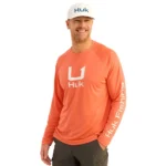 Huk Icon Crew Long Sleeve Shirt Fresh Salmon L | Elite Firearms