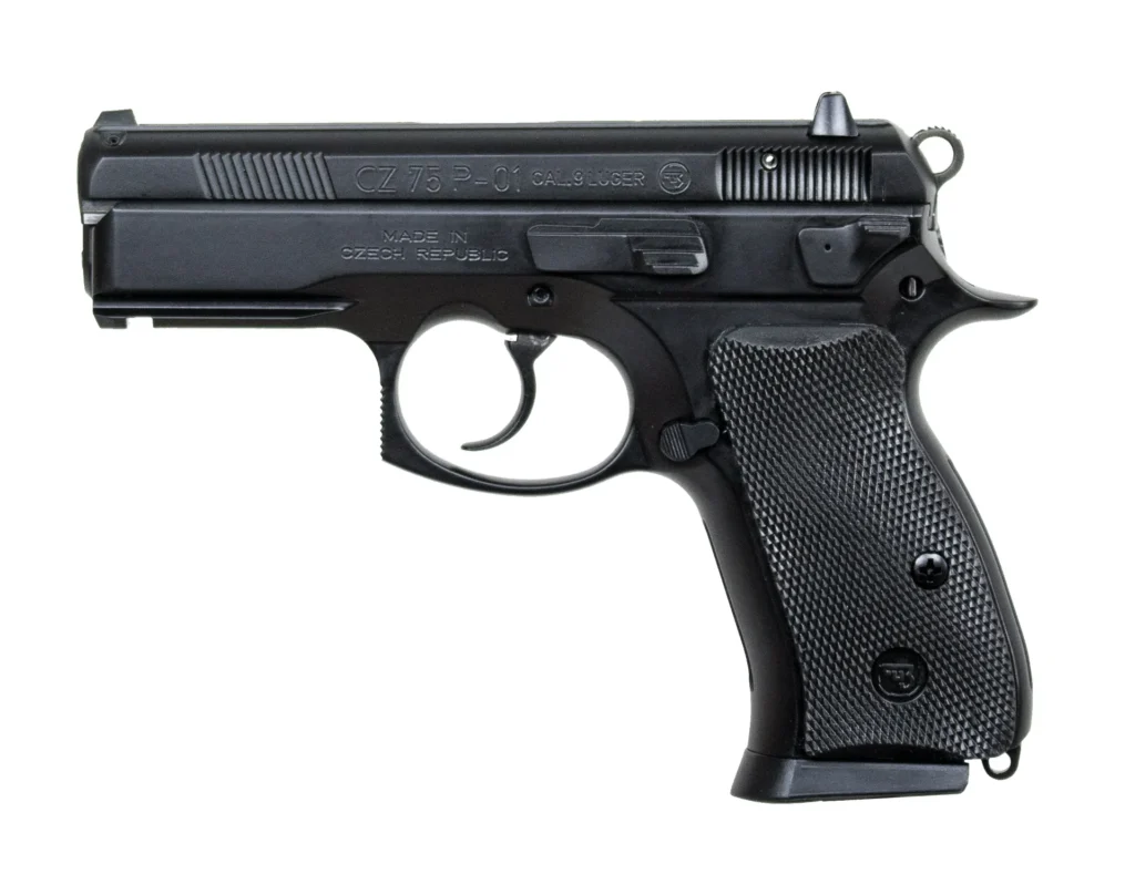 CZ-USA 01199 P-01 *CA Compliant Compact Frame 9mm Luger 10+1, 3.75" Blued Steel Barrel, Black Serrated Steel Slide, Black Polycoat Aluminum Frame w/Beavertail, Black Rubber Grip | Elite Firearms