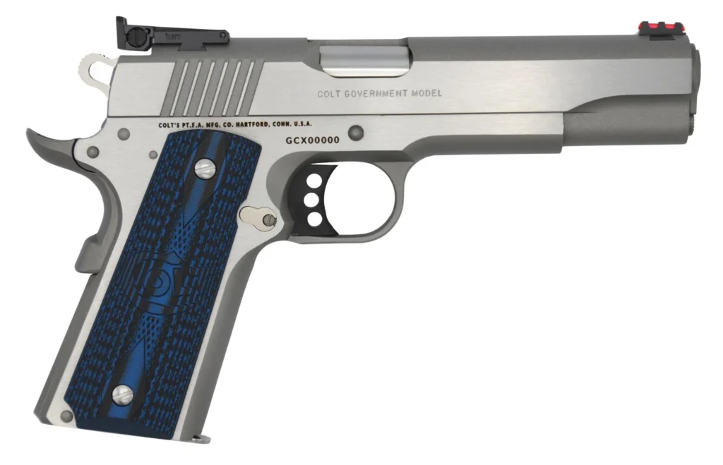 Colt Mfg O5070GCL Gold Cup Lite 45 ACP 8+1 5" Stainless National Match Barrel, Stainless Steel Serrated Slide, Stainless Steel Frame w/Beavertail, Blue Scalloped G10 Grip, Ambidextrous | Elite Firearms