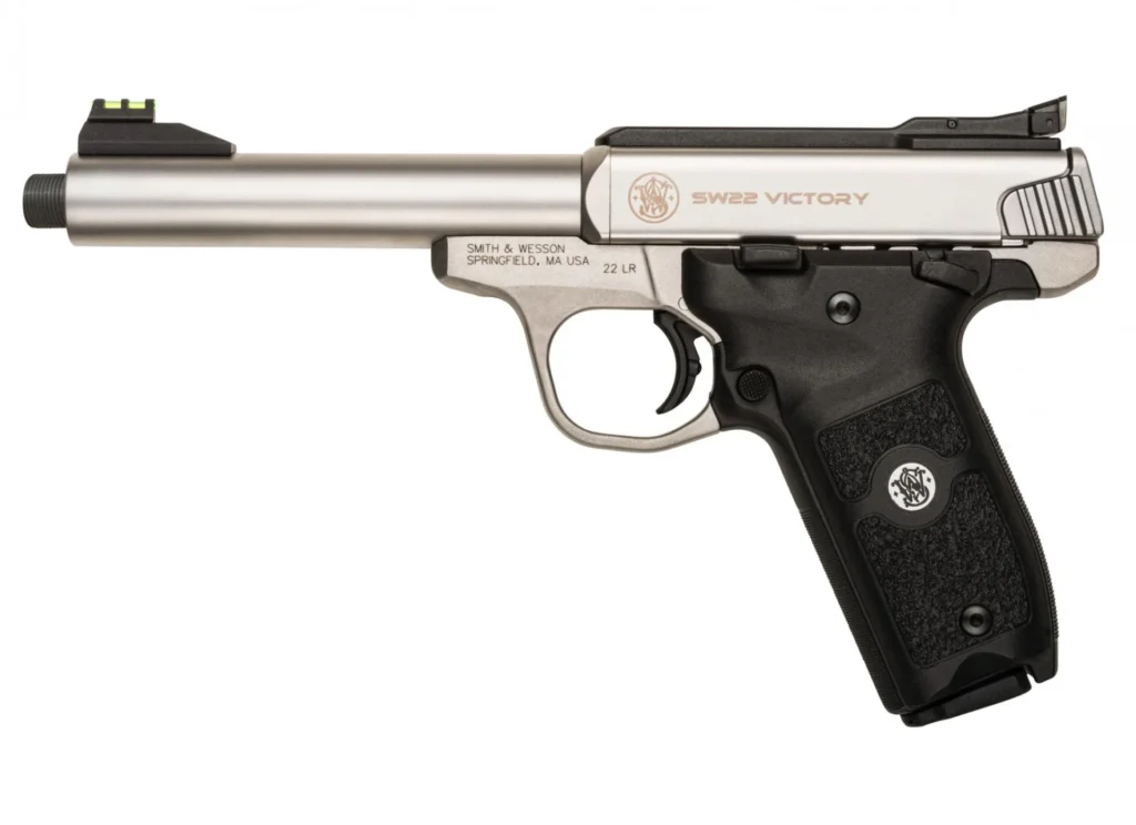 Smith & Wesson 10201 SW22 Victory Full Size Frame 22 LR 10+1, 5.50" Satin Stainless Steel Threaded Barrel, Slide & Frame, Black Textured Grip, Thumb Safety | Elite Firearms