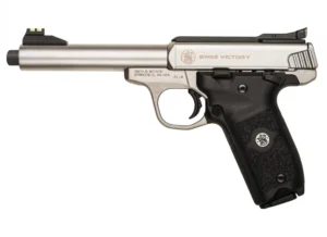 Smith & Wesson 10201 SW22 Victory Full Size Frame 22 LR 10+1, 5.50" Satin Stainless Steel Threaded Barrel, Slide & Frame, Black Textured Grip, Thumb Safety | Elite Firearms