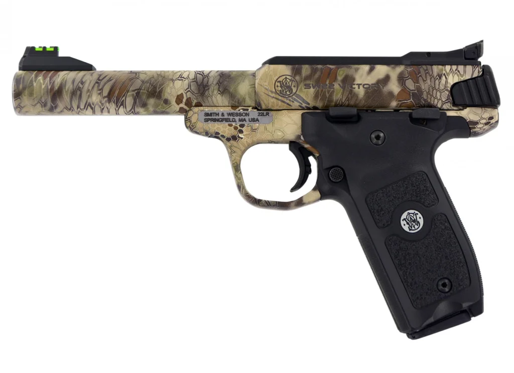Smith & Wesson 10297 SW22 Victory Full Size Frame 22 LR 10+1 5.50" Kryptek Highlander Match Grade Steel Barrel & Frame, Black Textured Grip, Thumb Safety | Elite Firearms