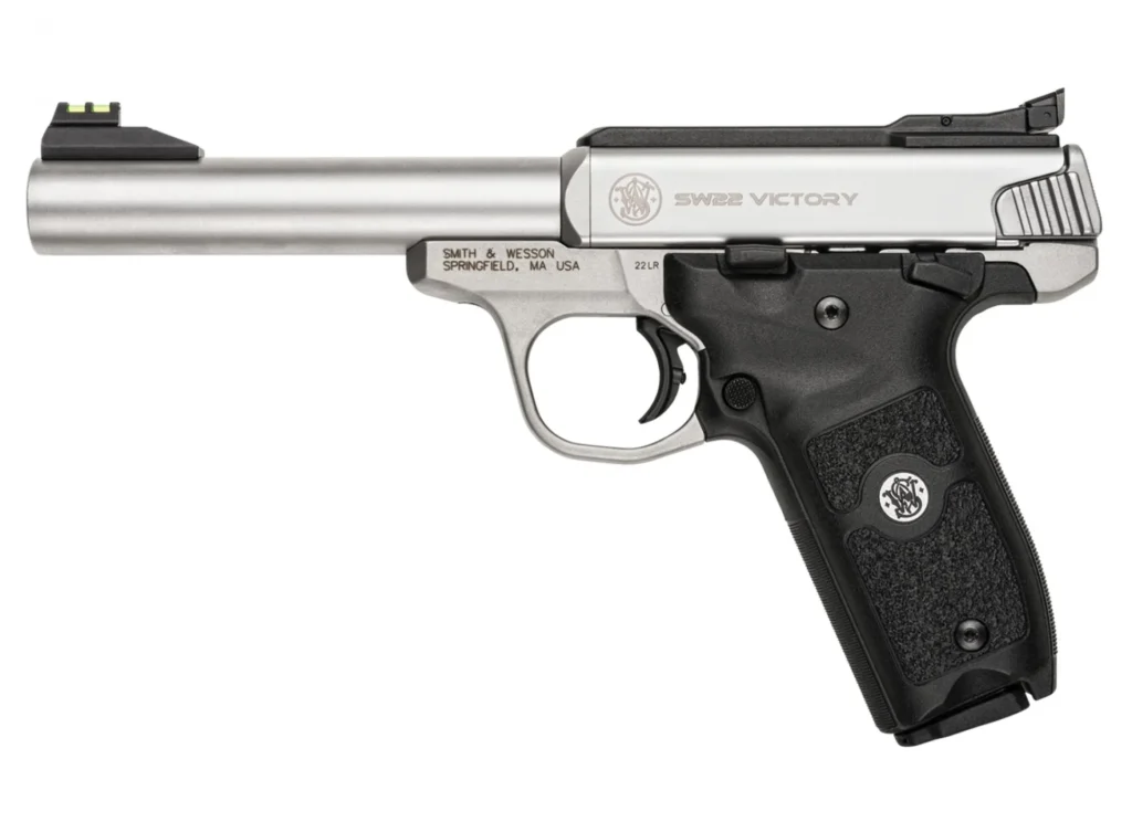 Smith & Wesson 108490 SW22 Victory Full Size Frame 22 LR 10+1, 5.50" Silver Match Grade Barrel, Satin Serrated Slide & Frame, Black Textured Grip, Thumb Safety, Right Hand | Elite Firearms