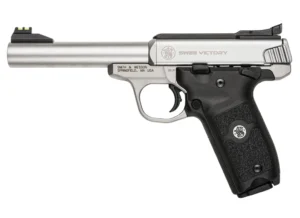 Smith & Wesson 108490 SW22 Victory Full Size Frame 22 LR 10+1, 5.50" Silver Match Grade Barrel, Satin Serrated Slide & Frame, Black Textured Grip, Thumb Safety, Right Hand | Elite Firearms