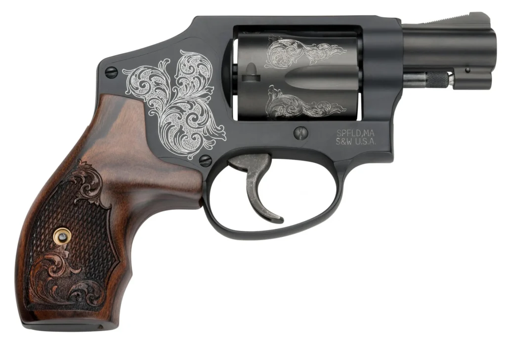 Smith & Wesson 150785 Model 442  38 S&W Spl +P 5 Shot 1.88" Engraved Black Carbon Steel Barrel/Cylinder, Engraved Black Aluminum J-Frame, Engraved Wood Grip, Mahogany Presentation Case | Elite Firearms