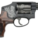 Smith & Wesson 150785 Model 442  38 S&W Spl +P 5 Shot 1.88" Engraved Black Carbon Steel Barrel/Cylinder, Engraved Black Aluminum J-Frame, Engraved Wood Grip, Mahogany Presentation Case | Elite Firearms