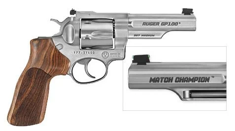 Ruger 1755 GP100 Match Champion 357 Mag 4.20" Half-Lug Barrel 6rd Cylinder, Satin Stainless Steel Frame, Hogue Stippled Hardwood Grip, Transfer Bar Safety | Elite Firearms