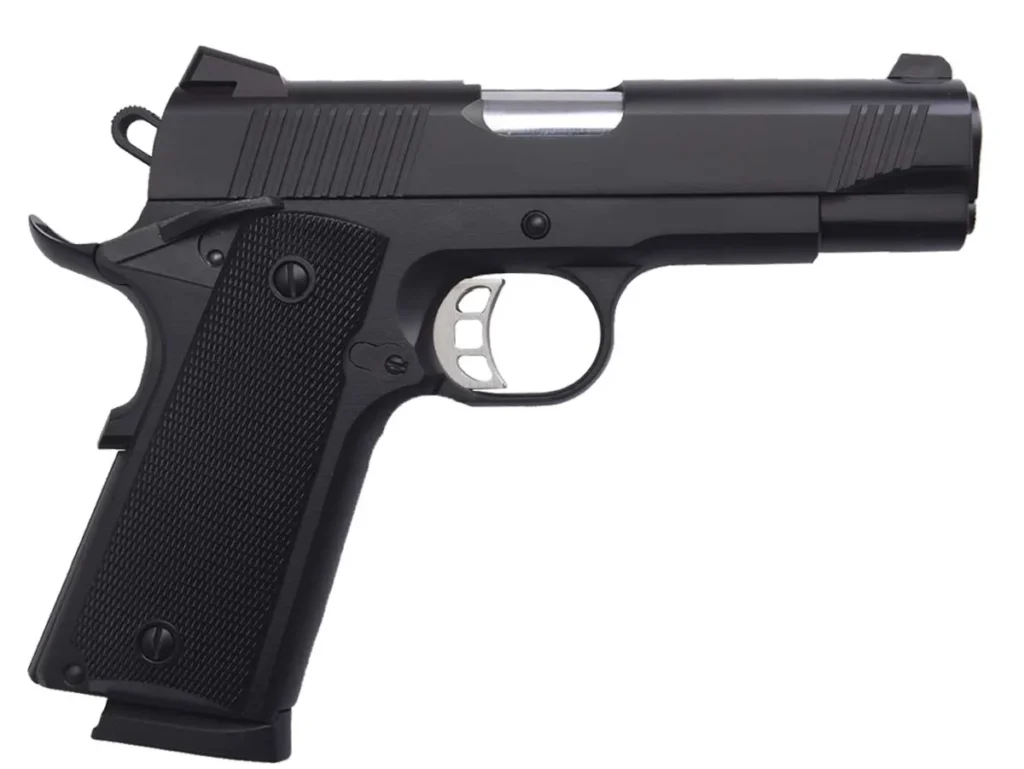 Tisas Arms 10100121 1911 Carry 9mm Luger 9+1 4.25" Black Cerakote Carbon Steel Serrated Slide & Frame w/Beavertail, Black Rubber Grip | Elite Firearms