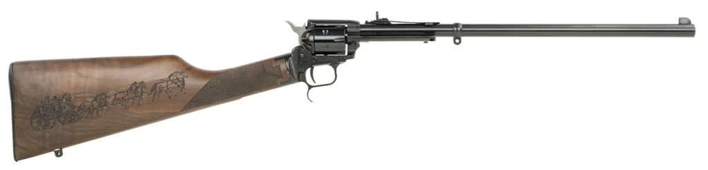 Heritage Mfg BR226B16HSWB01 Rough Rider Rancher 22 LR 6rd 16" Barrel, Black Metal Finish, Exposed Hammer, Walnut Stagecoach Engraved Stock | Elite Firearms