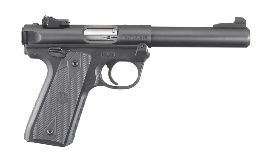Ruger  Mark IV 22/45 22 LR 10+1, 5.50" Stainless Bull Barrel, Blued Drilled & Tapped Steel Receiver & Polymer Frame,  Black Checkered Polymer Grip Ambidextrous | Elite Firearms