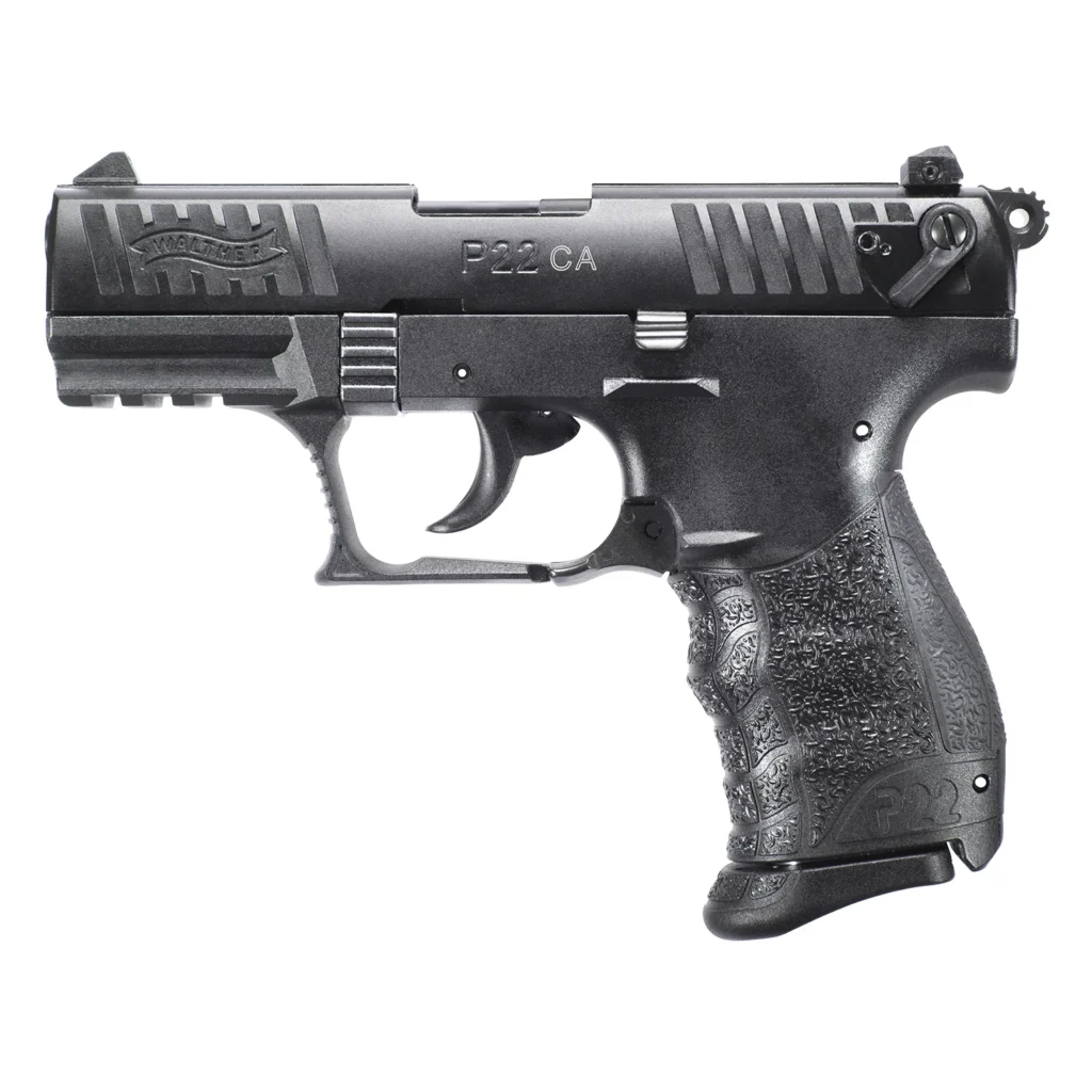 Walther Arms 5120333 P22 *CA Compliant 22 LR 10+1 3.42" Matte Black Tenifer Serrated/Steel Slide, Black Polymer Frame w/Picatinny Rail, Black Interchangeable Backstrap Grips | Elite Firearms