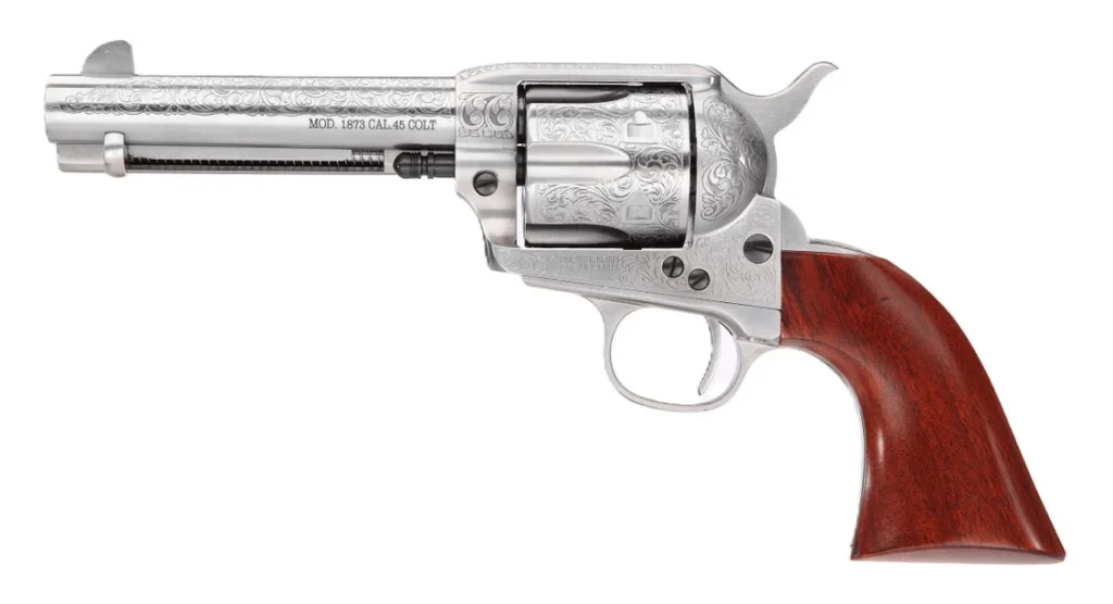 Taylors & Company 550926 1873 Cattleman 45 Colt (LC) Caliber with 4.75" Barrel, 6rd Capacity Cylinder, Overall White Floral Engraved Finish Steel & Walnut Grip | Elite Firearms