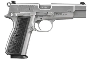 FN 66101068 High Power  9mm Luger 17+1, 4.70" Black Target Crown Steel Barrel, Stainless PVD Serrated Steel Slide, Matte Stainless Steel Frame w/Beavertail, Black Textured Polymer Grip, Ambidextrous | Elite Firearms