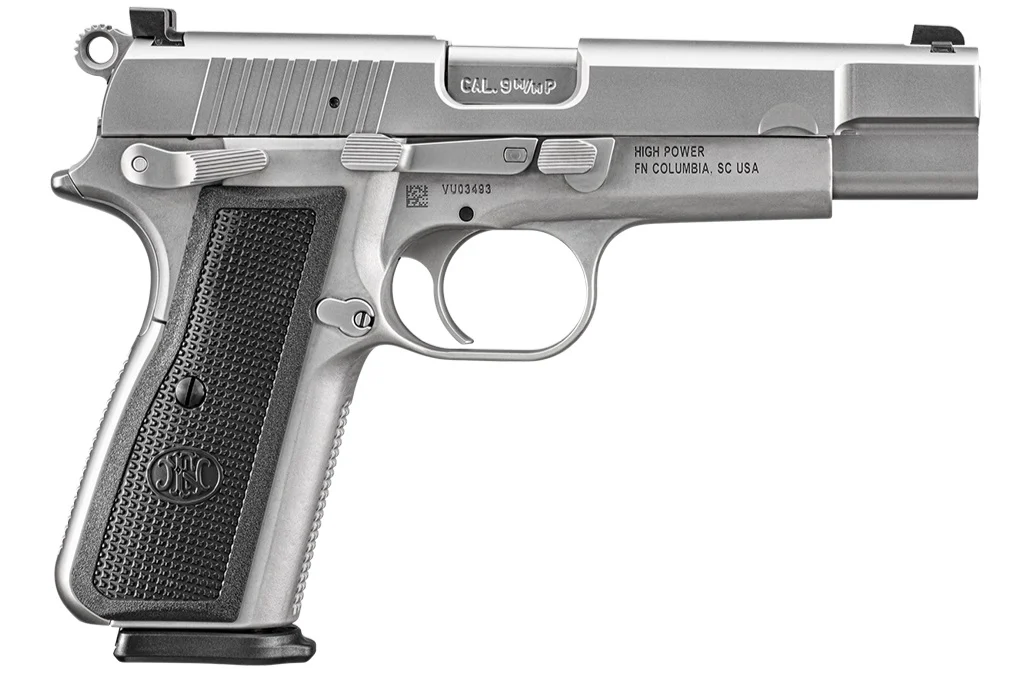 FN 66101068 High Power  9mm Luger 17+1, 4.70" Black Target Crown Steel Barrel, Stainless PVD Serrated Steel Slide, Matte Stainless Steel Frame w/Beavertail, Black Textured Polymer Grip, Ambidextrous | Elite Firearms