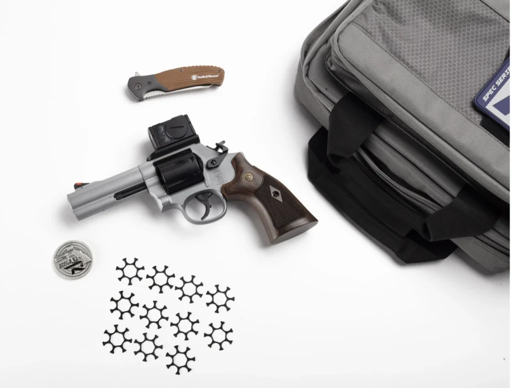 Smith & Wesson 14635 Model 686 SPEC R Bundle 357 Mag/38 Special +P 7 Shot, 4.13" Titanium Cerakote PowerPort Stainless Steel Vented Barrel & Frame, Black PVD Cylinder, Checkered Wood Grip, Aimpoint Ac | Elite Firearms
