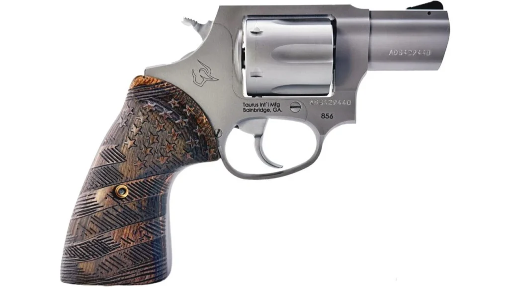 Taurus 2-85629-US2 856 Small 6 Shot 2" Matte Stainless Steel Barrel & Frame, Polished Cylinder, Custom Designed Wood Grip w/Stars, Transfer Bar Safety, Exposed Hammer | Elite Firearms