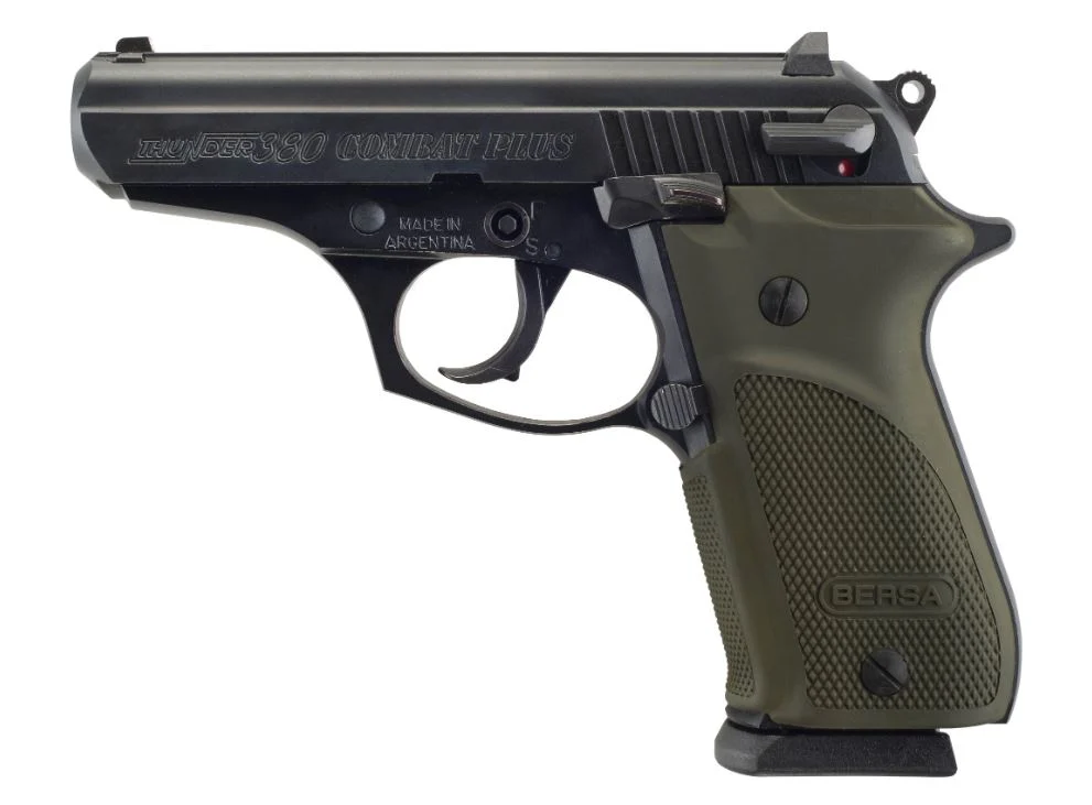 Bersa T380PMC Thunder Combat Sub-Compact Frame 380 ACP 15+1, 3.50" Black Steel Barrel, Matte Black Serrated Steel Slide & Aluminum Frame w/Beavertail, Olive Wrap-Around Grip | Elite Firearms