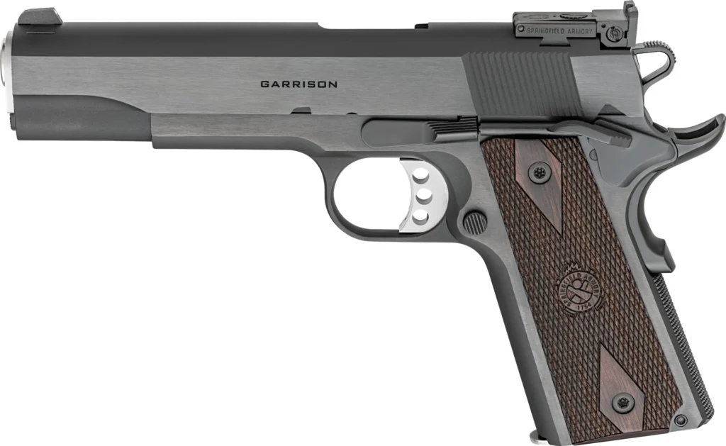 Springfield Armory PX9419ADJ 1911 Garrison Full Size 9mm Luger 9+1 5" Stainless Match Grade Barrel, Blued Carbon Steel Serrated Slide, Blued Carbon Steel Frame w/Beavertail, Thinline Wood Grip | Elite Firearms