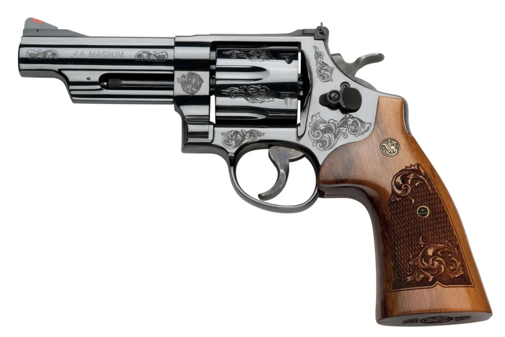 Smith & Wesson 150783 Model 29 44 Rem Mag or 44 S&W Spl Machine Engraved Blued Carbon Steel 4" Barrel, 6rd Cylinder & N-Frame, Wood Engraved Grip | Elite Firearms