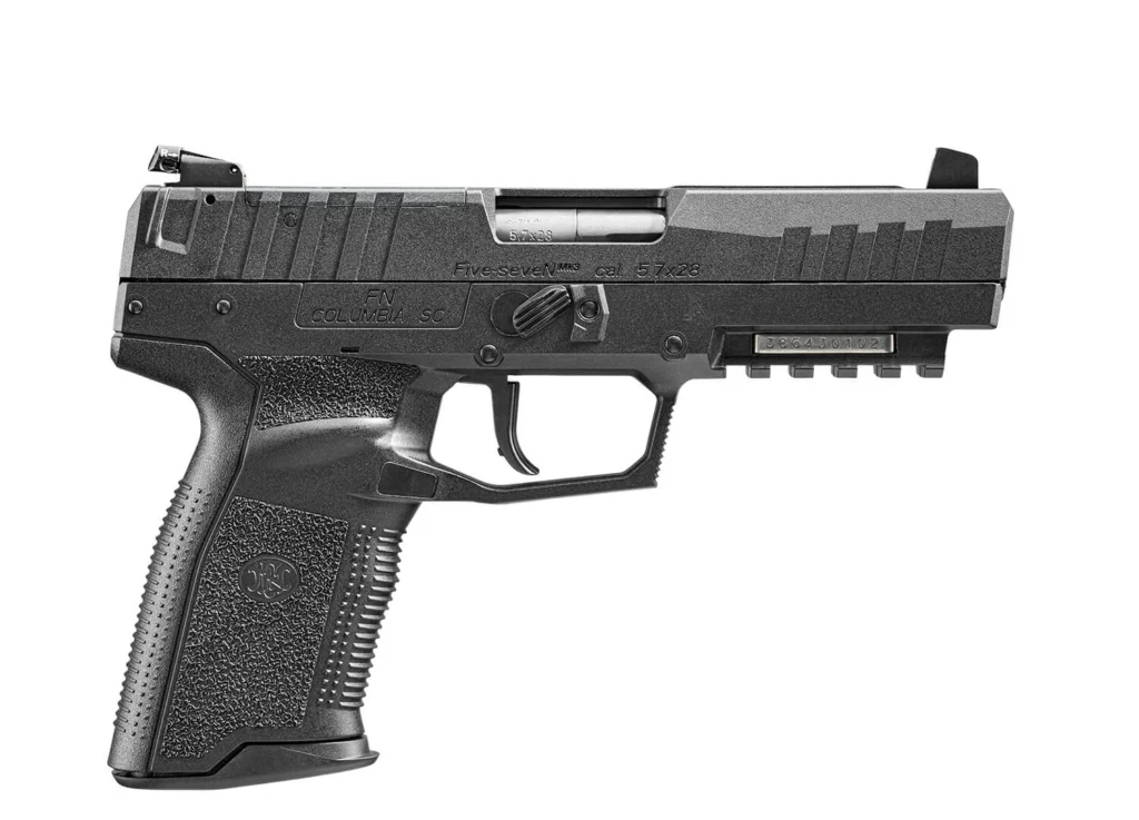 FN 66101276 Five-seveN MRD 5.7x28mm 10+1 4.80" Black Steel Barrel, Black Optic Ready/Serrated Steel Slide & Polymer Frame w/Picatinny Rail, Black Textured Polymer Grip, Ambidextrous | Elite Firearms
