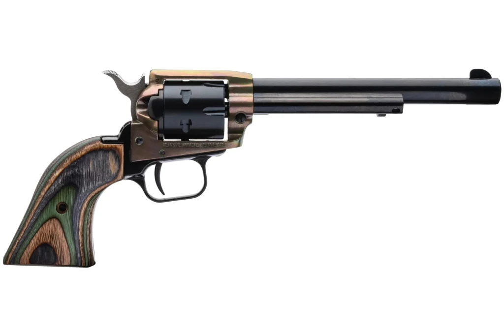 Heritage Mfg RR22CH6 Rough Rider 22 LR 6 Shot, 6.50" Black Oxide Steel Barrel, Simulated Case Hardened Zinc Alloy Frame, Black Oxide Cylinder, Camo Laminate Grip, Manual Safety, Exposed Hammer | Elite Firearms
