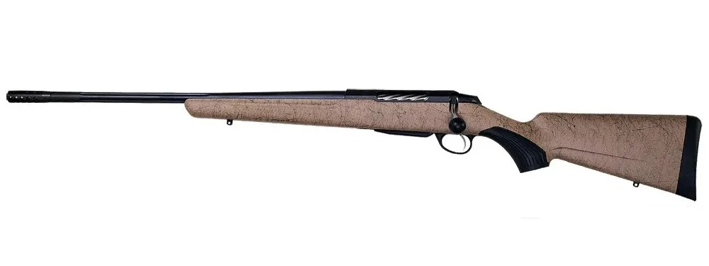 Tikka JRTXRT418 T3x Lite 270 Win 3+1 22.40" Fluted/Threaded, Black Barrel/Rec, Black Webbed Tan Roughtech Synthetic Stock, Interchangeable Grip, Muzzle Brake Left Hand | Elite Firearms