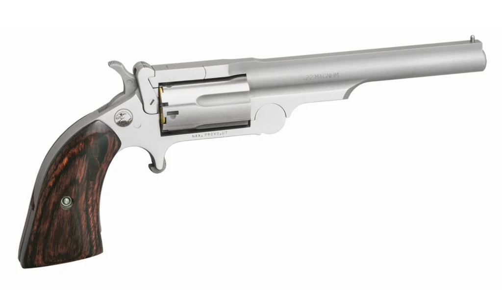 North American Arms 22MR4 Ranger II 22 WMR Caliber with 4" Barrel, 5rd Capacity Cylinder, Overall Stainless Steel Finish & Rosewood Boot Grip | Elite Firearms