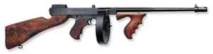 Thompson T1100D 1927A-1 Deluxe Carbine 45 ACP Caliber with 18" Barrel, 20+1 Capacity (Stick), 100+1 Capacity (Drum), Blued Metal Finish, American Walnut Stock Wood Grip Right Hand | Elite Firearms